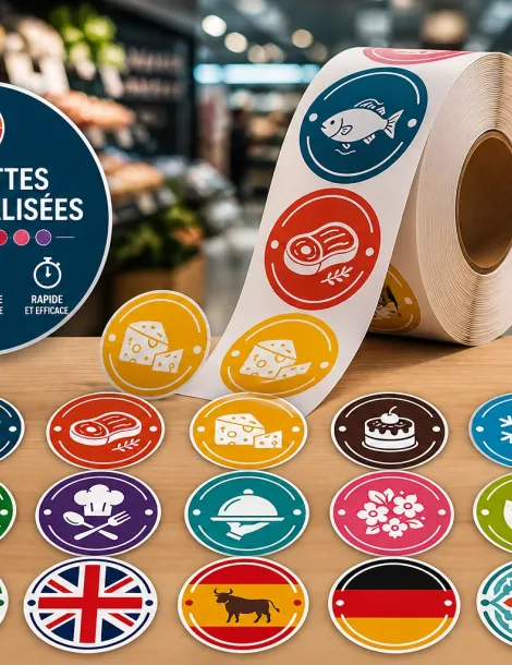 1 rouleau de stickers couleur personnalisés – 500 étiquettes Ø40 mm