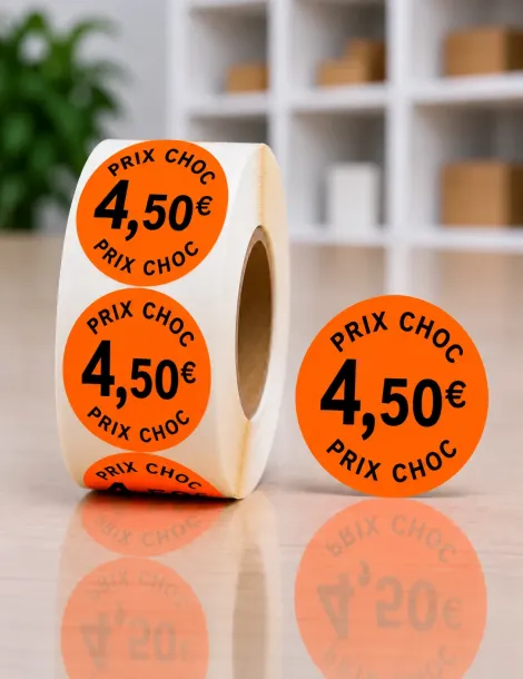 Etiquette orange 4,50€ PRIX CHOC Ø 40. Les 1000