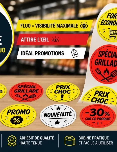1 bobine personnalisée - impression noir sur fluo - 1.000 unités - diam. 40 (avec une adaptation simple et un délai de fabrication de 72H à la validation du BAT)