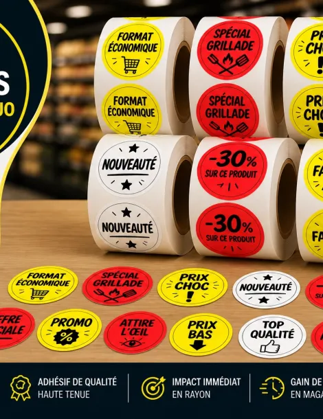 5 rouleaux de stickers fluo personnalisés – 1000 étiquettes Ø40 mm