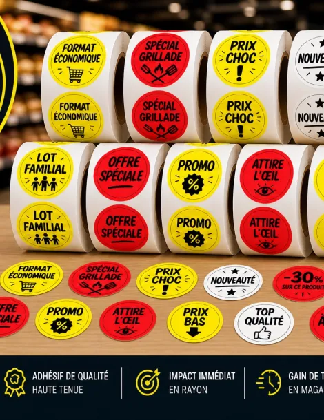 10 rouleaux de stickers fluo personnalisés – 1000 étiquettes Ø40 mm