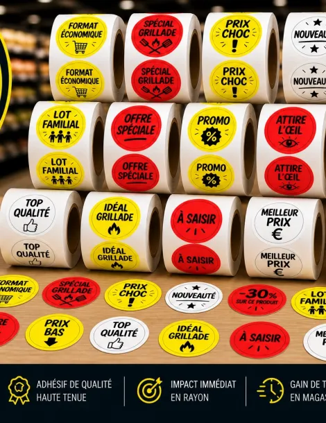 15 rouleaux de stickers fluo personnalisés – 1000 étiquettes Ø40 mm