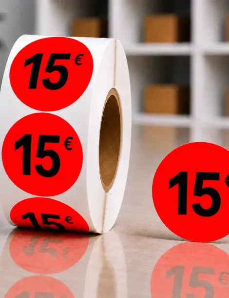 Etiquette rouge 15€ Ø 40. Les 1000