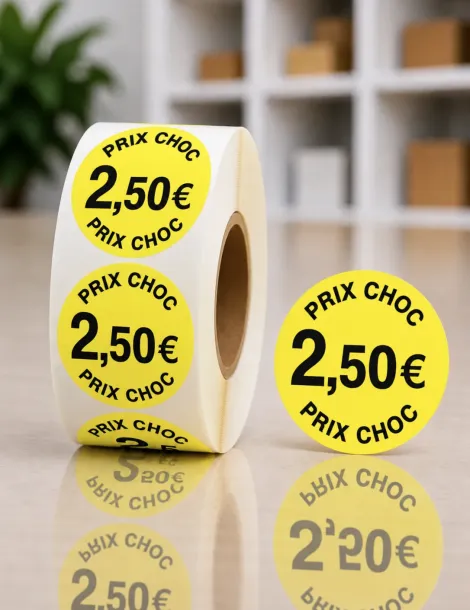 Etiquette jaune 2,50€ Ø 40. Les 1000