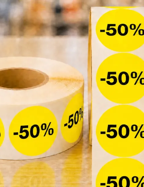 Etiquette jaune  -50% .Ø 40.. Les 1000