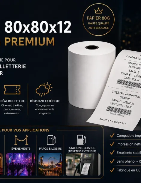 80x80x12 thermique - 80 gr haute qualité - spécial billetterie et borne automatique